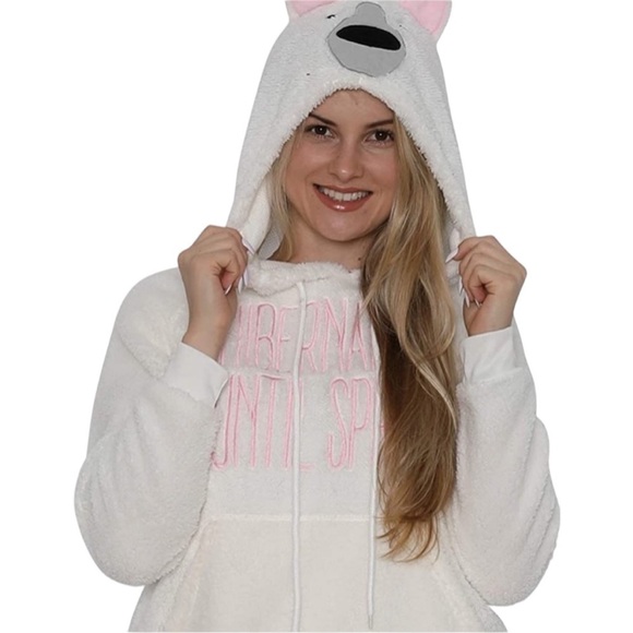 Polar Bear Hoodie Fleece Pullover Hibernating Until Spring S/M NWT Secret Santa - Picture 1 of 14